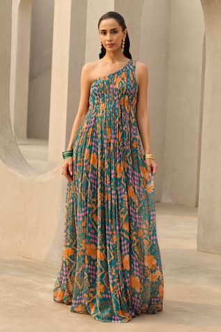 Diyarajvvir Abstract Floral Print One Shoulder Dress 