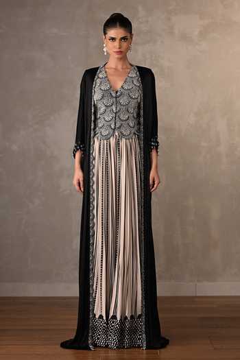 Onaya Embellished Top Geometric Pleated Skirt & Cape 