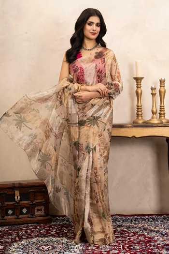 Zal From Benaras Handloom Printed Saree With Unstitched Blouse Fabric 