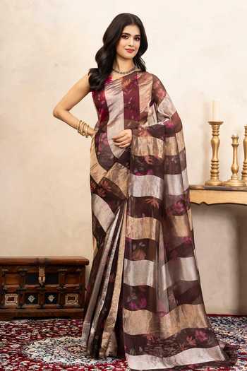Zal From Benaras Handloom Printed Saree With Unstitched Blouse Fabric 