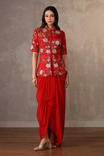 Onaya Floral Thread Embroidered Peplum Top & Skirt Set 