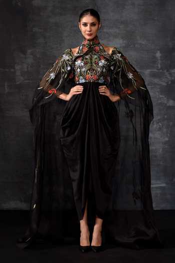 Samant Chauhan Draped Sleeve Embroidered Gown 