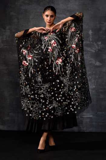Samant Chauhan Black Floral Embroidered Cape Dress 