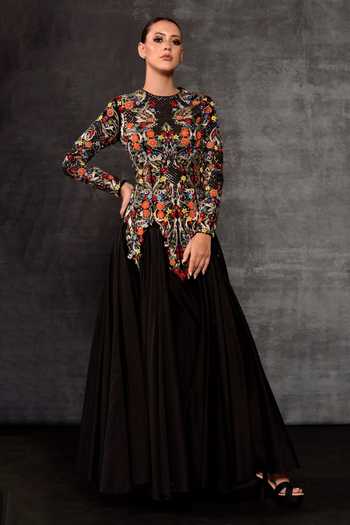 Samant Chauhan Vibrant Floral Embroidered Black Gown 