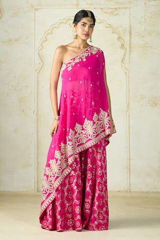 Gopi Vaid Areesha One Shoulder Embroidered Kurta & Sharara Set 