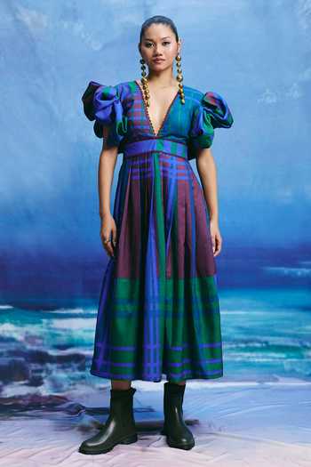 ZiP by Payal & Zinal Aqua Prism Sculpted Puff Sleeve Dress 