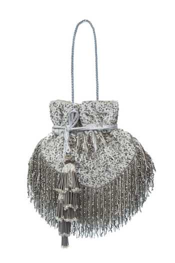 SG Collection By Sonia Gulrajani Tassel Embroidered Grey Velvet Potli 