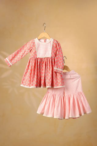 Casa Ninos Floral Print Cotton Kurta & Sharara Set 