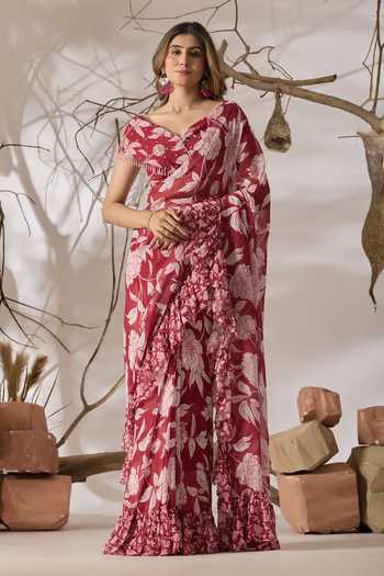 Damoiselle Gulmarg Rose Ruffle Printed Saree Set 