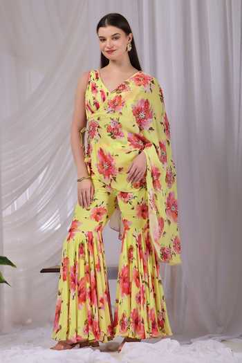Damoiselle Citrus Bloom Draped Cape Sharara Set 