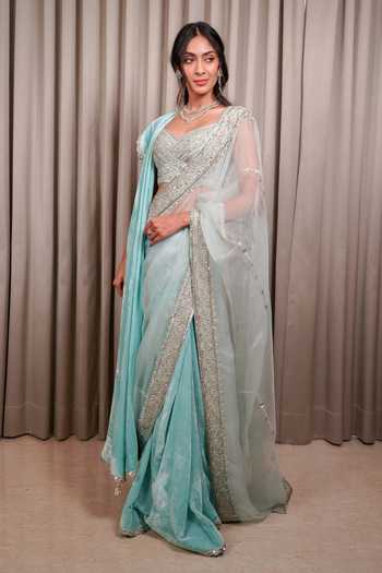 Esha Koul Velvet Embroidered Saree With Blouse 
