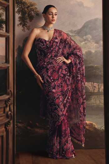 Payal & Zinal Printed Floral Embroidered Net Saree & Blouse Set 