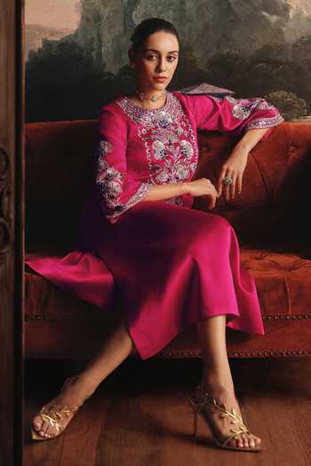 Payal & Zinal Embroidered Gaji Silk Midi Dress with Golden Embellishment 