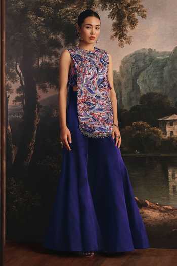 Payal & Zinal Embroidered Printed Gaji Silk Jacket with Bustier Set 