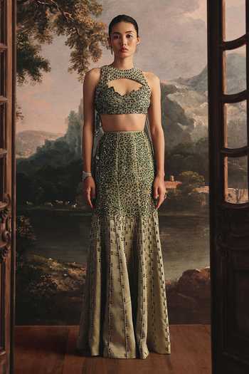 Payal & Zinal Embellished Halter Gaji Blouse & Skirt Set 