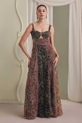 Payal & Zinal Bead Embellished Floral Net Cut-Out Floor-Length Jumpsuit 