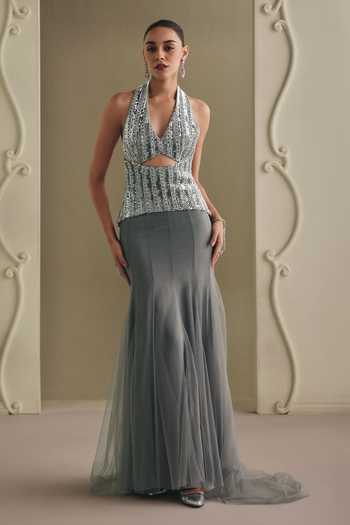 Payal & Zinal Embellished Halter Net Blouse & Mermaid Skirt Set 