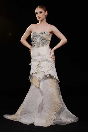 Samant Chauhan Strapless Feather Detail Gown 