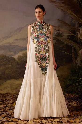 Samant Chauhan High Neck Embroidered Cotton Silk Maxi Dress 