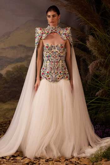 Samant Chauhan Embroidered Floral Cotton Silk Gown & Skirt Set 
