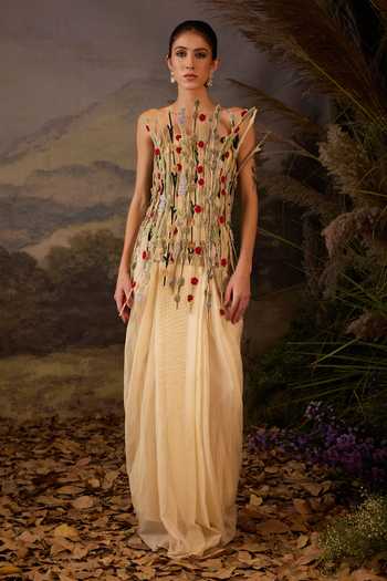 Samant Chauhan Floral Embroidered Cotton Silk Corset & Skirt Set 