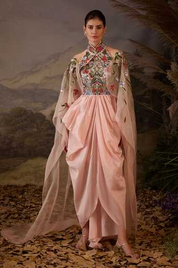 Samant Chauhan Embroidered Floral Cotton Silk Halter Cape Sleeve Gown 