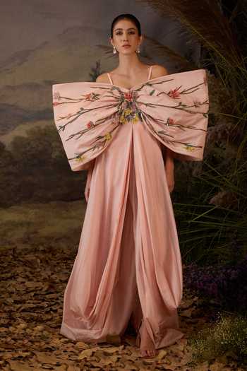 Samant Chauhan Bow Embroidered Cotton Silk Spaghetti Strap Gown 