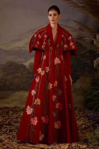 Samant Chauhan Floral Embroidered Velvet Floor-Length Maxi Evening Gown 