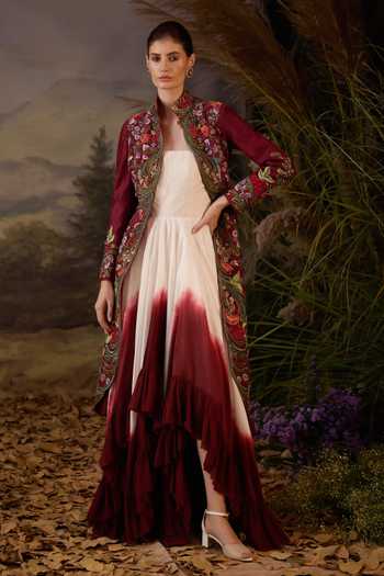 Samant Chauhan Embroidered Floral Cotton Silk Dress & Jacket Set 