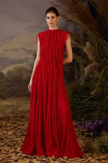Samant Chauhan Embellished Fringed Pleated Cotton Silk Floor-Length Gown 