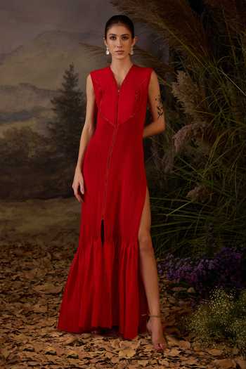 Samant Chauhan Textured Dori Work Cotton Silk V-Neck Gown 