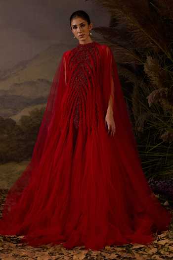 Samant Chauhan Zardozi Embroidered Pleated Cotton Silk Long Gown 