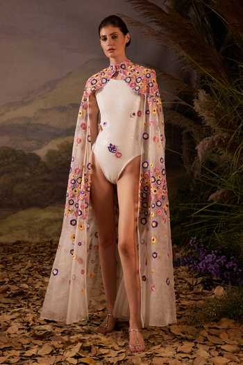 Samant Chauhan Embroidered Floral Cotton Silk Cape & Bodysuit Set 