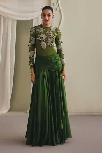 Payal & Zinal Net Mulberry Satin Bodysuit & Draped Skirt Set 