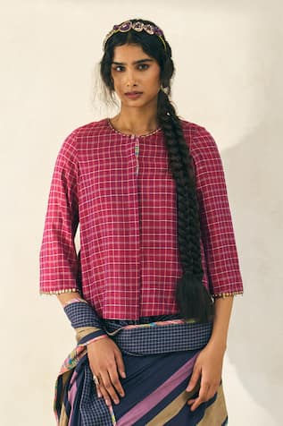 Swatti Kapoor Oscar Checkered Handwoven Cotton Blouse 