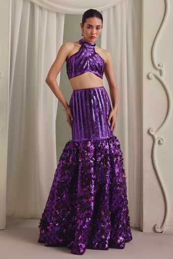 Payal & Zinal Embellished Halter Sequin Net Blouse & Skirt Set 