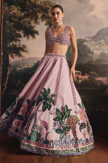 Payal & Zinal Hand-Embroidered Tropical Gaji Silk Lehenga & Blouse Set 