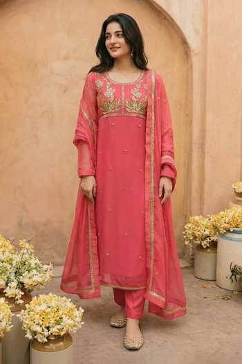 Seams Pret And Couture Afsaan Embroidered Straight Kurta Georgette Set with Pant & Dupatta 