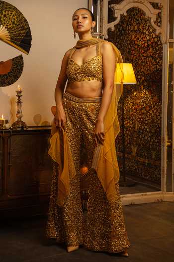 Vandana Sethi Chevron Mirror Work Net Sharara Blouse Dupatta Set 