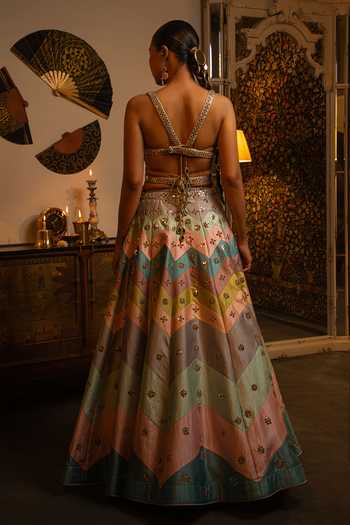 Buy Multi Color Silk Mirrors Square Neck Work Soft Lehenga Set With Dupatta  For Women by Vandana Sethi Online at Aza Fashions