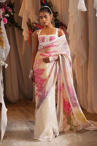 Shwetanga Floral Print Saree With Blouse 