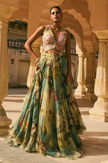 Anushree Reddy Janhvi Applique Work Printed Organza Rawsilk Blouse & Skirt Set 