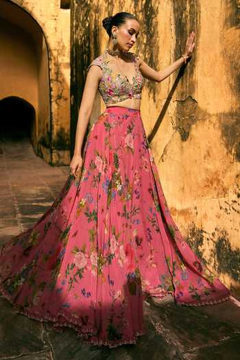 Anushree Reddy Printed Organza Applique Blouse & Skirt Set 