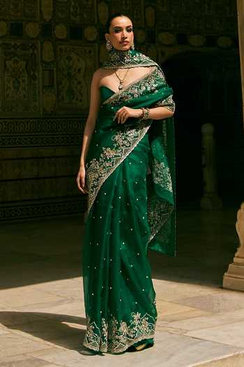 Anushree Reddy Ember Floral Embroidered Organza Saree & Unstitched Dupion Silk Blouse 