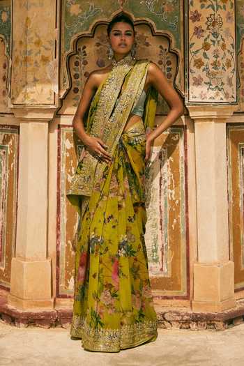 Anushree Reddy Ruh Printed Chiffon Saree & Dupion Silk Unstitched Blouse Set 