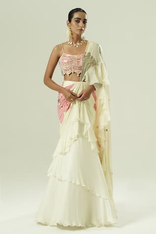 Shwetanga Ruffle Pre-Draped Saree With Blouse 