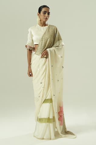 Shwetanga Pre-Draped Saree With Embroidered Blouse 