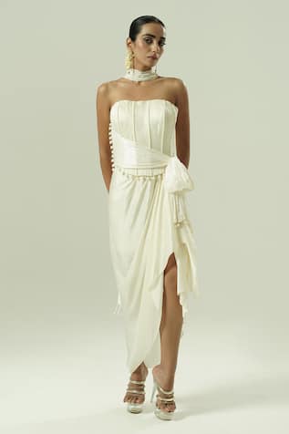 Shwetanga Satin Georgette Draped Corset & Skirt Set 