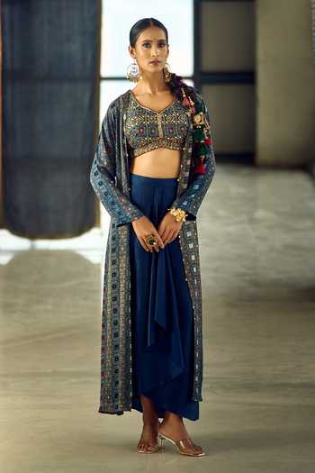 Samyukta Singhania Geometric Print Longline Jacket Dhoti Skirt Set 