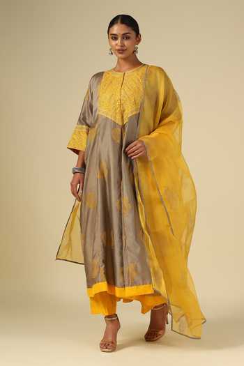 LATHA PUTTANNA Block Print Embroidered Chanderi Silk Kurta Set with Dupatta 